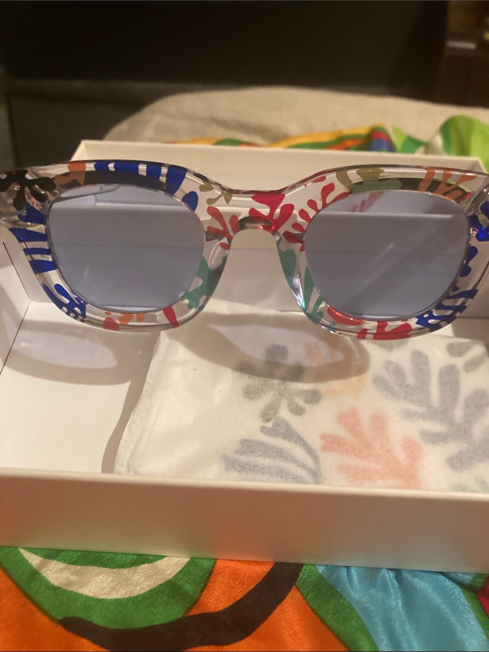 Moma Multicolor Patterned Clear Frame Sunglasses with Blue Lenses